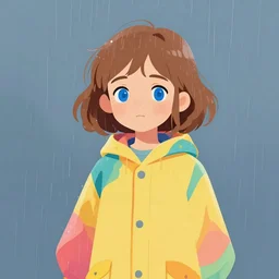 a seven year old girl with short wavy curly light brown hair and blue eyes wearing a colorful raincoat in the rain. clean cel shaded vector art by lois van baarle, artgerm, helen huang, by makoto shinkai and ilya kuvshinov, rossdraws, illustration, art by ilya kuvshinov