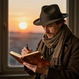 the singer beck composing his next album in a leather notebook, the leather of the notebook is peeling, he is wearing a fedora and a scarf with tassels is wrapped loosely around his neck, the sun is going down, you can see the sun through the window, artwork by giorgio de chirico