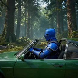 blue knight driving a green car, elegant scene, forest, wide angle, cinematic, ultrarealistic, trending on artstation, cgsociety, highly detailed, color graded, rendered in unreal engine 4 k hq, matte painting, by simon stalenhag, horizon forbidden west