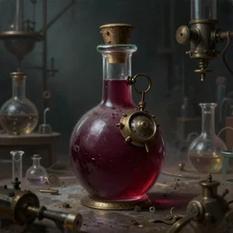 a painting of a steampunk burgundy colored potion bottle in a dark dusty vintage science lab, by h. r. giger, hyperrealistic fantasy art, concept matte, ethereal, dreamy, digital art, trending on artstation, volumetric cinematic lighting