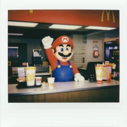 super mario working the front counter of mcdonald's ready to take your order, eighties polaroid, flash photography, photorealistic, kodachrome