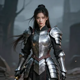 portrait girl with armor in style of ghost blade by wang ling, wlop