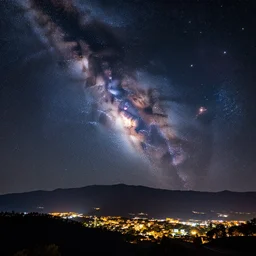 a beautiful double exposure of a deep field astrophotography image by hubble in the sky and a night time landscape with mountains and a cityscape, lpoty, award winning, apod