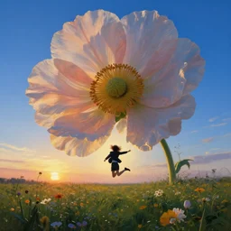 closeup, giant flower head, a girl in a suit jumping in field of flowers, surreal photography, sunrise, blue sky, dramatic light, impressionist painting, digital painting, artstation, simon stalenhag