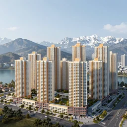 massive urban housing project, high rise apartment complex, multi colored buildings, on a high mountain landscape, lakes and snowy mountains