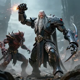 cyber - gandalf with large robotic arm with sparks battling the balrog epic cinematic 3 5 mm photograph