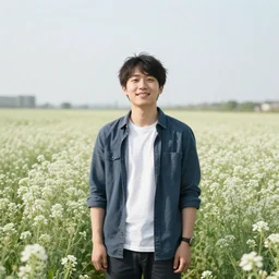 half-length portrait by Loish of a happy person in a field of white flowers