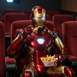 Iron Man sitting in a movie theater and watching an Iron Man movie while eating natchos, hyper realistic, highly detailed, cinematic