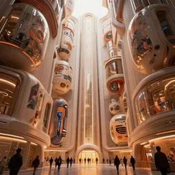 the inside of a very tall building, big pods decorated with cyberpunk motifs attached to the walls, octane render, warm color, cyberpunk inspired architecture by zaha hadid, cinematic, scenery, cgsociety, modernism, futuristic, trending on artstation, sci - fi, high detail, high quality, close up angle, people walking