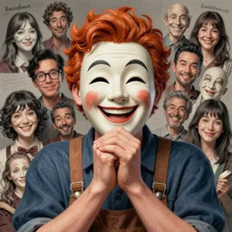 a portrait of a cinematic still of the happy mask salesman, wringing hands, ginger hair, art by lois van baarle and loish and ross tran and rossdraws and sam yang and samdoesarts and artgerm and saruei and takaya imamura, digital art, highly detailed, intricate, sharp focus, trending on artstation hq, deviantart, unreal engine 5, 4 k uhd image