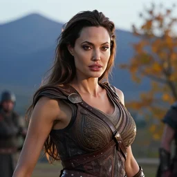 close - up of angelina jolie warrior princess in a battle scene, open long hair, intricately decorated clothing, natural pose, mountains on the background, autumn tree on the right, backlight, dusk, shallow depth of field, highly detailed matte painting, rule of thirds, karole bak, hasui kawase, mohrbacher,