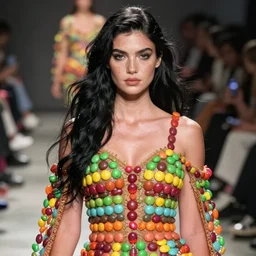 olivia wearing an outfit made from smarties, at new york fashion week, lush black hair, average physique, freckled pale skin, photo by greg rutkowski, stage lighting, soft colors, female beauty, intricate detail, risque fashion, elegance, 3 5 mm, depth of field, masterpiece
