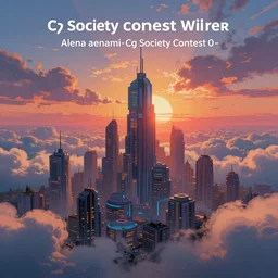 a painting of a colorful sunrise futuristic city surrounded by clouds, cyberpunk art by alena aenami, cg society contest winner, retrofuturism, matte painting, apocalypse landscape, cityscape