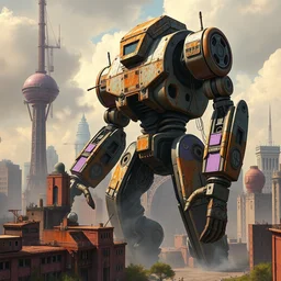 ''a realistic cyber robot giant crashing into a purple city, rusty detail, azimov style.''
