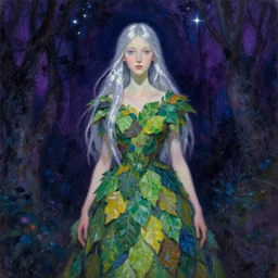 fey queen of the summer forest, vibrant dress of leaves, clothed, fine features, thin, young, silver shimmering hair, by brian froud, stars, night colors, night, purple blue black, oil on canvas, oil panting