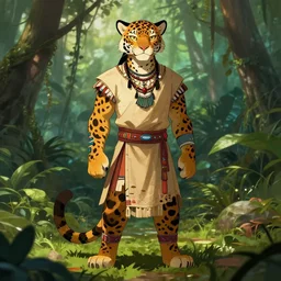 character portrait feature of the anthro male anthropomorphic jungle cat jaguar fursona animal person wearing shaman tribal outfit robes belt standing in the amazon rainforest two legs, character design stylized by charlie bowater, ross tran, artgerm, makoto shinkai, detailed, soft lighting, rendered in octane