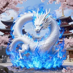 luxurious white viking dragon destroying the kyoto district during sakura season with intense destructive royal blue fire, by greg rutkowski, james jean, peter mohrbacher, rule of thirds, sigma look, beautiful, intricate, majestic, award winning