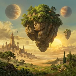 lush and beautiful concept art for the shire, floating rocks in the air, stone city, arabian castles, sand, golden sun, planets, lord of the rings, peter jackson, studio ghibli, detailed, realistic lighting, volumetric lighting, golden hour,