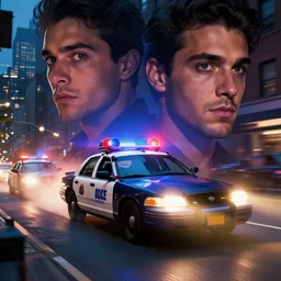 a police car speeding down a new york road with sirens on. epic cinematic hyperrealism masterpiece. realistic poster with shaded lighting by craig mallismo, artgerm, jeremy lipkin and michael garmash, unreal engine, radiant light, detailed and complex environment, digital art, art station trends, detailed faces, detailed eyes, lens flare, motion blur, night