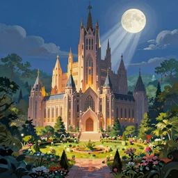 huge academic castle city in the forest behind a garden, concept art, digital painting, style of jordan grimmer, warm lighting, futuristic, volumetric lighting, view from below, vivid colours, bright, nighttime, moon rays , high detail, not a lot of grass