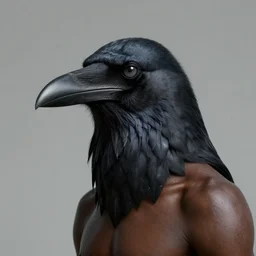 epic professional digital art of a human - crow hybrid creature, portrait, human eyes, humanoid crow head, human skin, dark skin, humanoid figure
