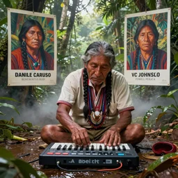 an indigenous ecuadorian huaorani old man playing with a ableton push in the jungle, wet floor, poster art by daniele caruso, benediktus budi, jason edmiston, vc johnson, powell peralta, volumetric light, fog