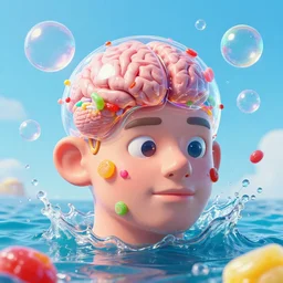 a funny sculpture of a squashed human head with a a transparent brain wrapped in funny stuff and sweets on ocean water, funny face, brain, giant bubbles, juicy jelly, realistic water splashes, water art, vibrant, in the style of mike campau, cg render, ray tracing, 8 k resolution, sharp