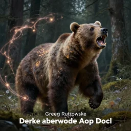 fantasy painting of charging bear, roaring, magical marks and glowing magical wisps, dark forest in background, painted by greg rutkowski and andreas rocha