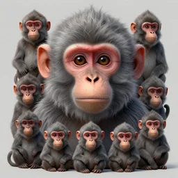 anthropomorphic highly detailed group portrait of hairy old neon giant cute eyes macaque, with long grey bob haircut in face, intricate, elegant, highly detailed, digital painting, artstation, concept art, smooth, sharp focus, illustration, art by artgerm, bob eggleton, michael whelan, stephen hickman, richard corben, wayne barlowe, trending on artstation and greg rutkowski and alphonse mucha, 8 k