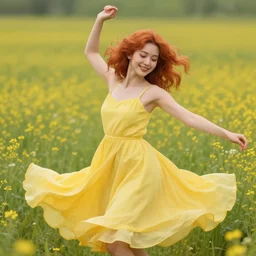 a happy woman with copper hair and a flowing yellow sundress dancing in a field of wildflowers, with cute - fine - face, pretty face, realistic shaded perfect face, fine details by realistic shaded lighting poster by artstation, concept art, smooth, sharp focus, illustration, art by artgerm and greg rutkowski and alphonse mucha