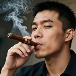 a closeup photo of handsome gigachad xqc smoking a cigar