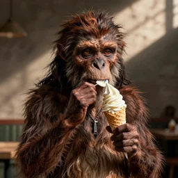 photo of a neanderthal eating ice cream for the first time