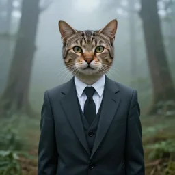 cat puppet wearing a suit, in fog, a forest in the background, photography by helmut newton