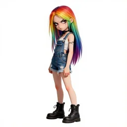 a grungy alt woman with rainbow hair, drunk, angry, soft eyes and narrow chin, dainty figure, long hair straight down, torn overalls, short shorts, combat boots, basic white background, side boob, symmetrical, single person, style of by Jordan Grimmer and greg rutkowski, crisp lines and color,