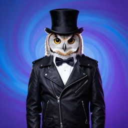 owl wearing black biker jacket, portrait photo, backlit, background pastel, swirling kobalt blue and rich purple, studio photo, suit, bow tie, tophat, tophat