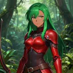 full anime portrait by kurone mishima of beautiful archer lady in the jungle, face details, black shirt, skintight red leather armor, green hair, brownskin, redeyes, high fantasy, dnd, highly detailed, digital illustration, light novel art