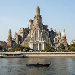 a man on a small boat on a river with fractal city by mandelbrot neoclassical architecture, ancient high buildings, highly vertical classical temples, leica sl 2 3 5 mm