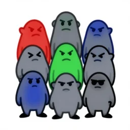 red on green blue black simple colors white background simple ms paint doodle of group portrait of grey goblins looking funny looking smug
