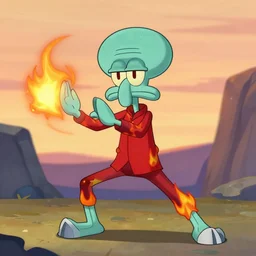 photograph, squidward wearing fire nation clothing and practicing firebending outside at susnset
