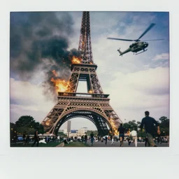 Eiffel Tower on fire and being destroyed by flames, falling, despair, people running, military helicopters flying overhead, polaroid, 60s, hyperrealism, no blur, 4k resolution, ultra detailed