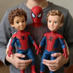 spider - man holds a mark zuckerberg doll in his hands, and pavel durov doll in the other, realism, maximum detail, high quality, depth of field, soft light, proportions, composition, classicism painting,