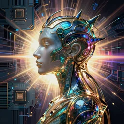 ( ( god of ai art ) ) side view, neuromancy, rene lalique, highly detailded,, by william - adolphe bouguerea, ( ( mutually assured digital destruction ) ) by gustav klimpt, cpu gpu wafer, glitch art