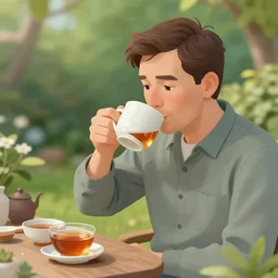 mr robert is drinking fresh tea in a garden from spiral mug, detailed face, wearing glasses, grey beard, 8 k