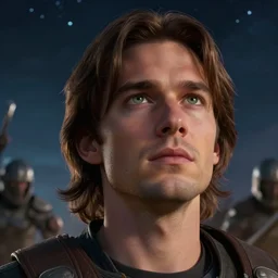 close up cinematic artwork of commander in his late twenties, clean shaven with medium long brown hair and green eyes, looking up at to the night sky while warriors fight near him by greg rutowski, 4 k, masterpiece