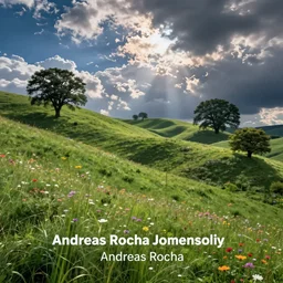 grassy hills trees flowers and fantasy sky, through clouds blue sky, andreas rocha style and james gurney