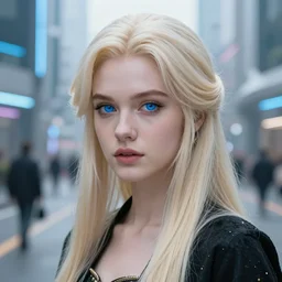 Platinum-blonde-haired hime cut blue-eyed French empress, face close up, standing in futuristic city street