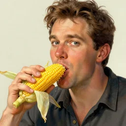 a highly detailed beautiful portrait of man enjoying corn on the cob, by gregory manchess, james gurney, james jean