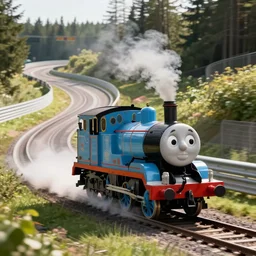 Thomas the Tank Engine, on the race track at the Nurburgring Nordschleife. Setting a hot lap,