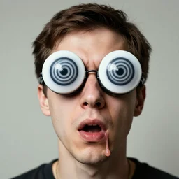 man with exaggerated large spiral eyes and drooling mouth under media mind control