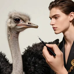 close up of fashion model and ostrich looking at each others, official versace tutorial, highly detailed